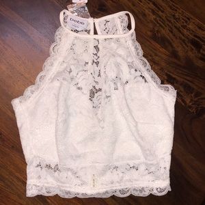 BEBE Miranda Lace Halter Crop-Top White Size XS